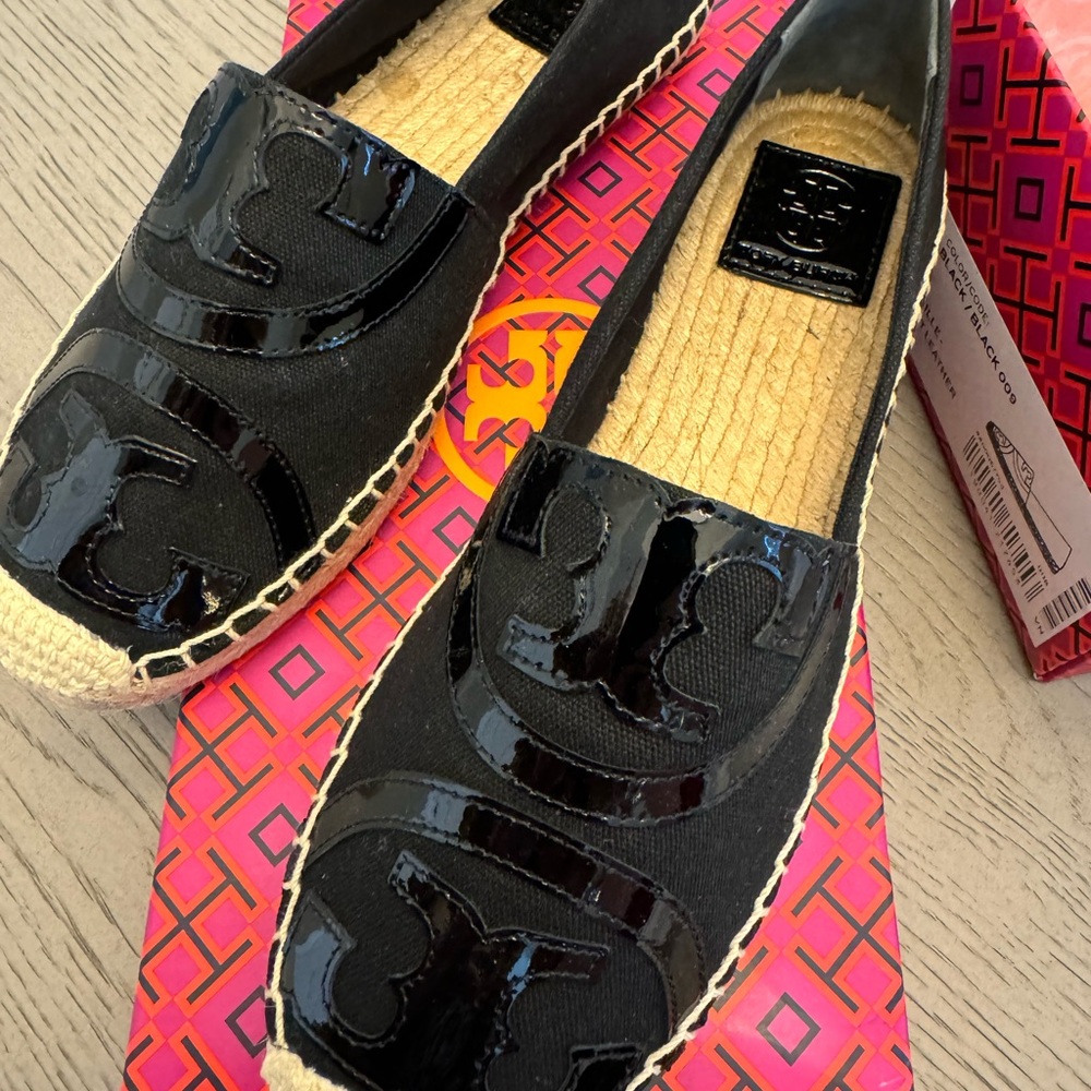 Tory Burch Black Canvas Patent Leather Espadrille NIB - Picture 2 of 5